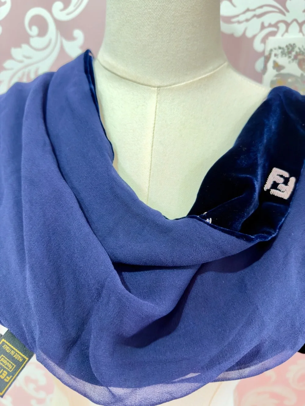 RARE Fendi Scarf Embroidered FF Logo Velvet Silk Navy